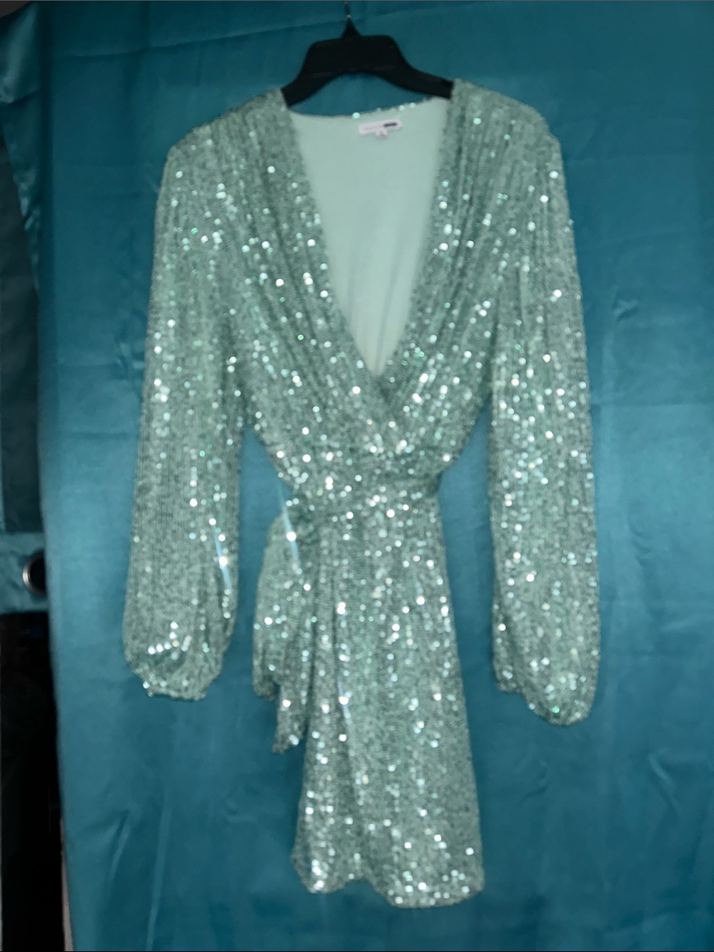 Fashion Nova Mint Green Sequin Wrap Mini Dress
